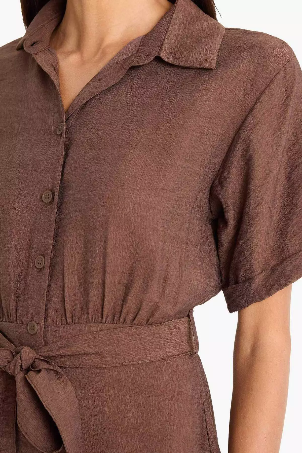 Shirt Collar Belted Short Sleeve Red Midi Summer Dress F2113Ax25Sm