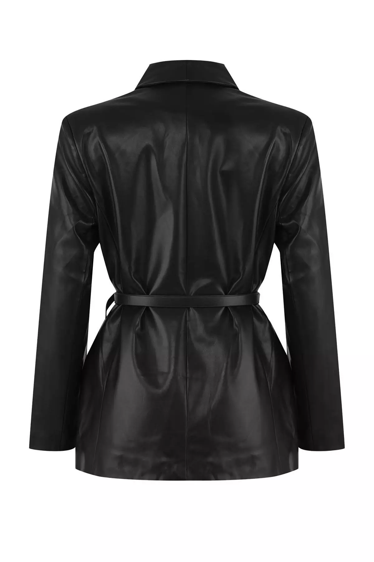 Black Belted Double-Breasted Closure Faux Leather Woven Blazer Jacket Twoaw26Bc2