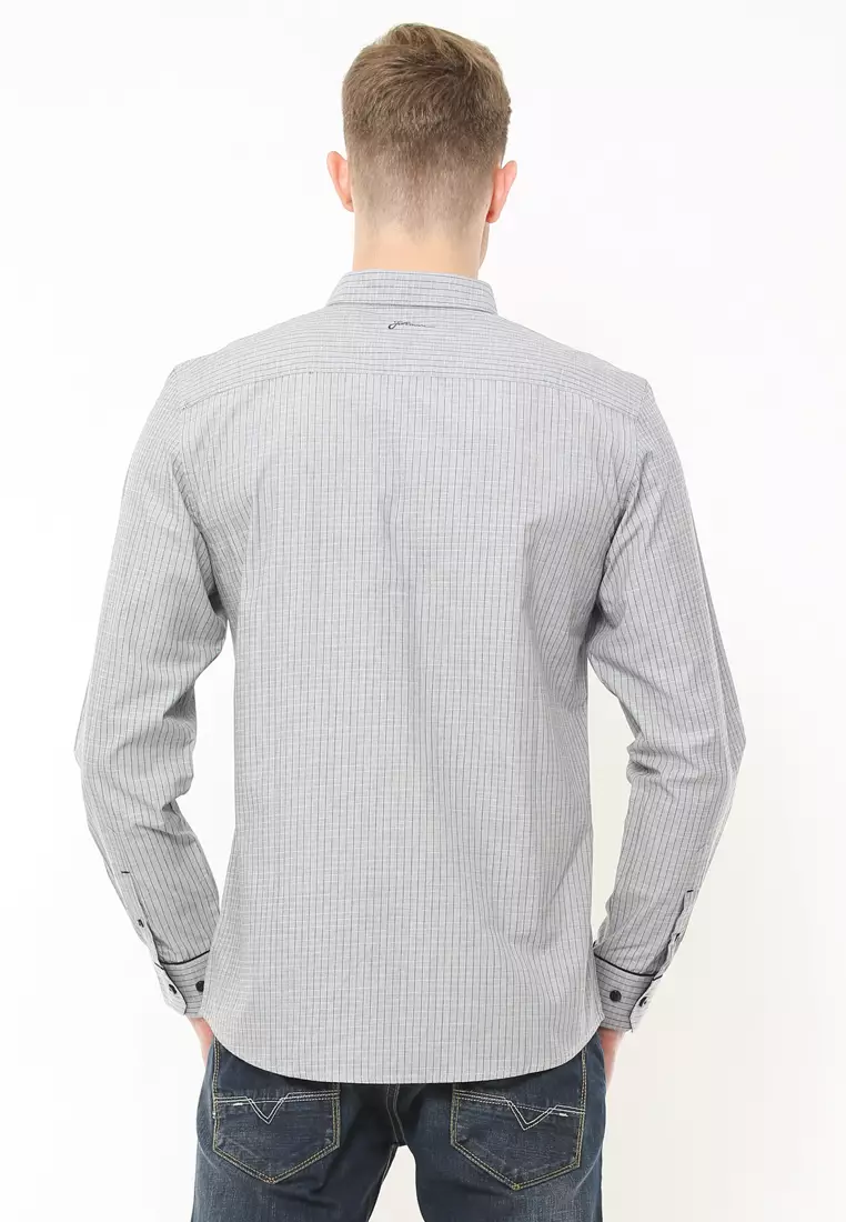 Johnwin - Kemeja Casual - Kemeja Pria - Kemeja Salur - Kemeja Abu - Slim Fit - ASH.670.K871.710.C