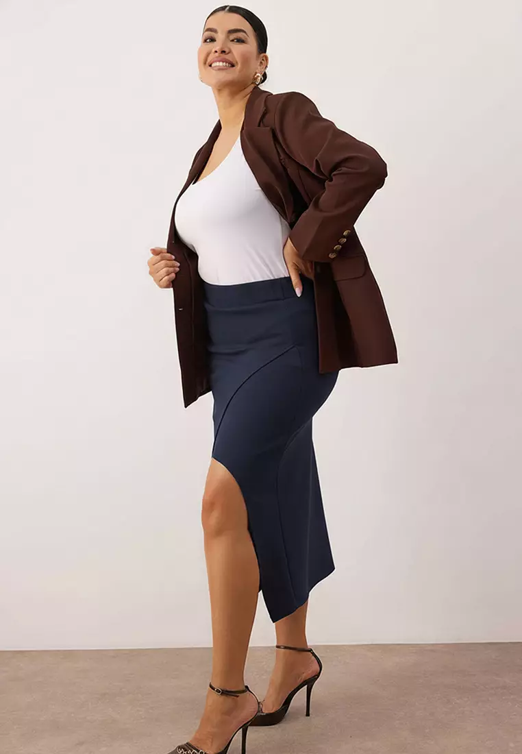 Navy Blue Slit Detailed Knitted Stretch Fabric Plus Size Midi Skirt Tbbaw26Az00023
