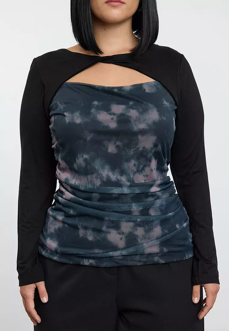 Grey Patterned Collar Gathered Cut Out Detail Tulle Knit Plus Size Blouse Tbbaw25Af00037
