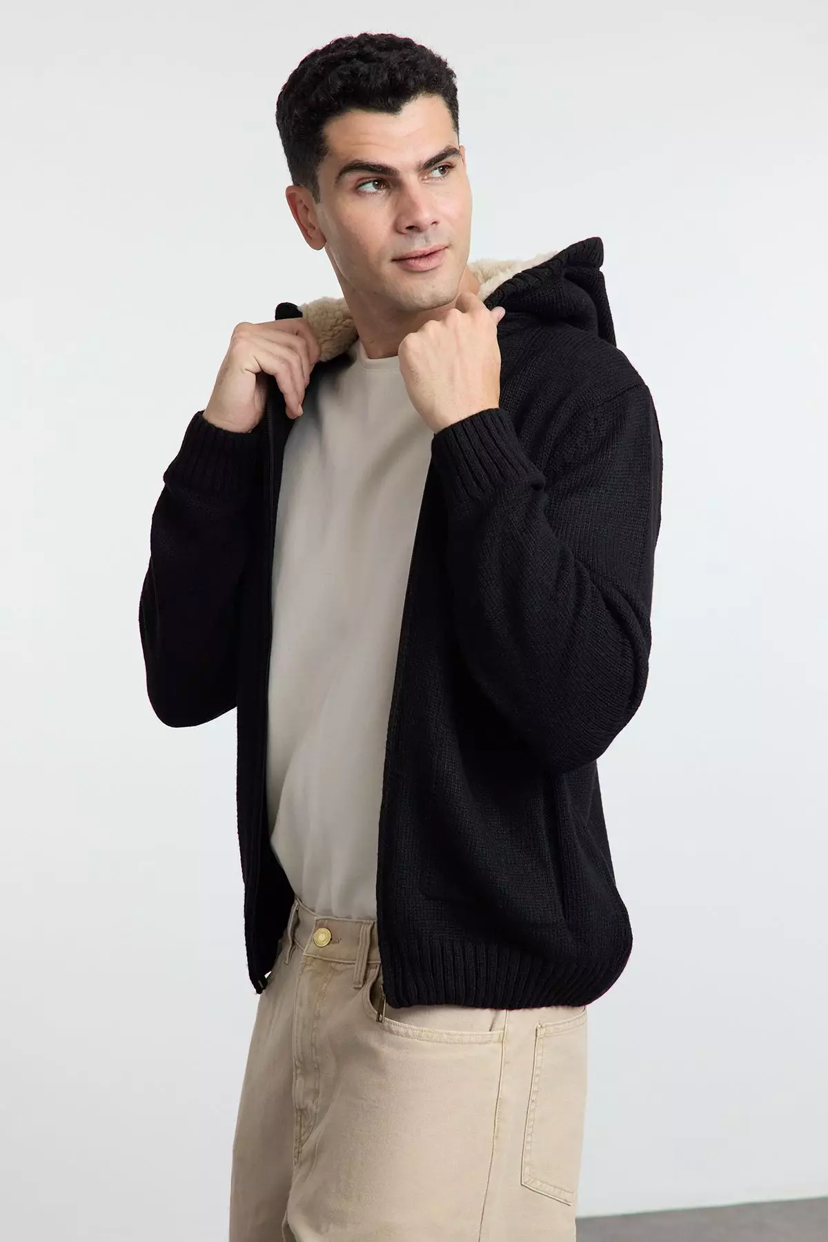 Black FL Men's Regular Hooded Plain Knitwear Cardigan TMNAW20HI0066