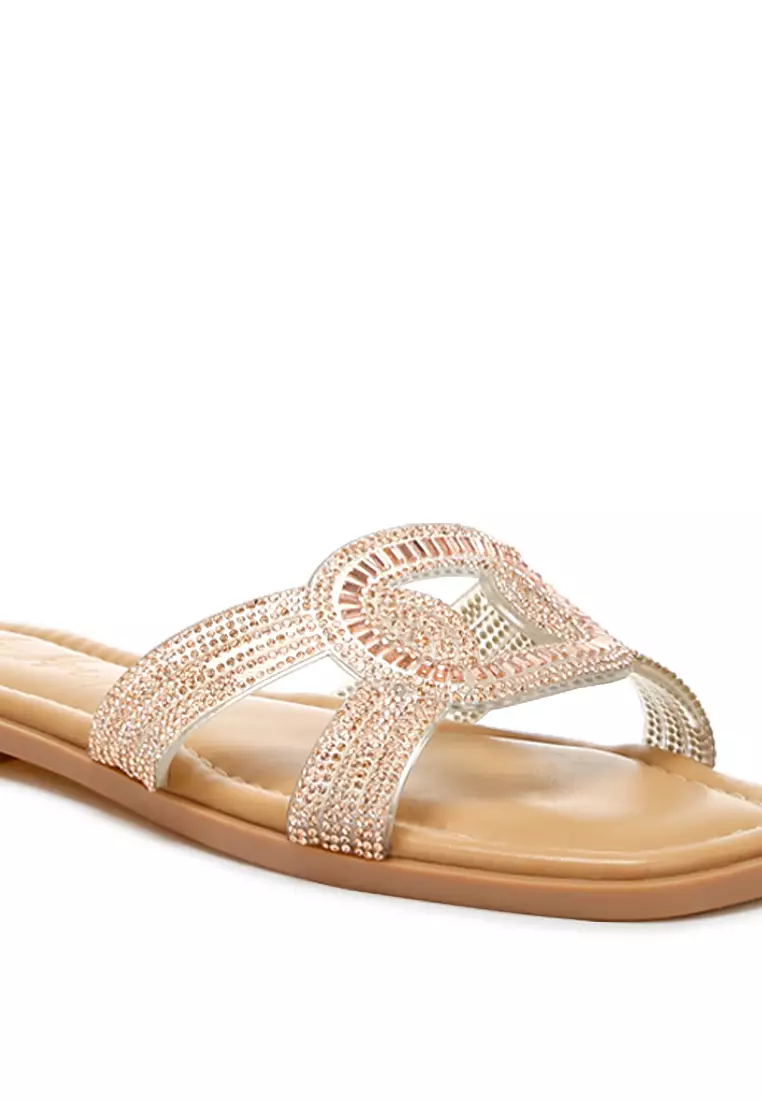 Sandal Datar Berhias Berlian Imitasi dalam Warna Rose Gold