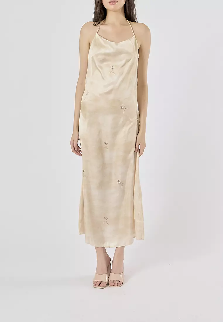 Buy Love, Ara Fiore Beige Floral Print Back Hollow Halter Long Dress ...