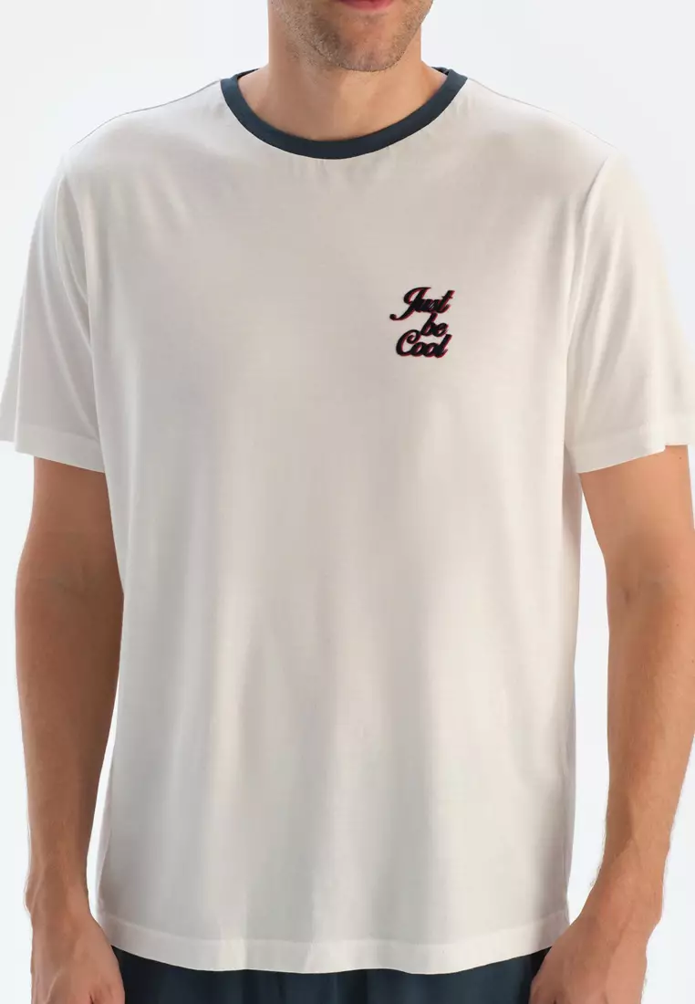 Ecru T-Shirt & Shorts, Slogan Print, Crew Neck, Regular Fit, Short Sleeve Sleepwear for Men