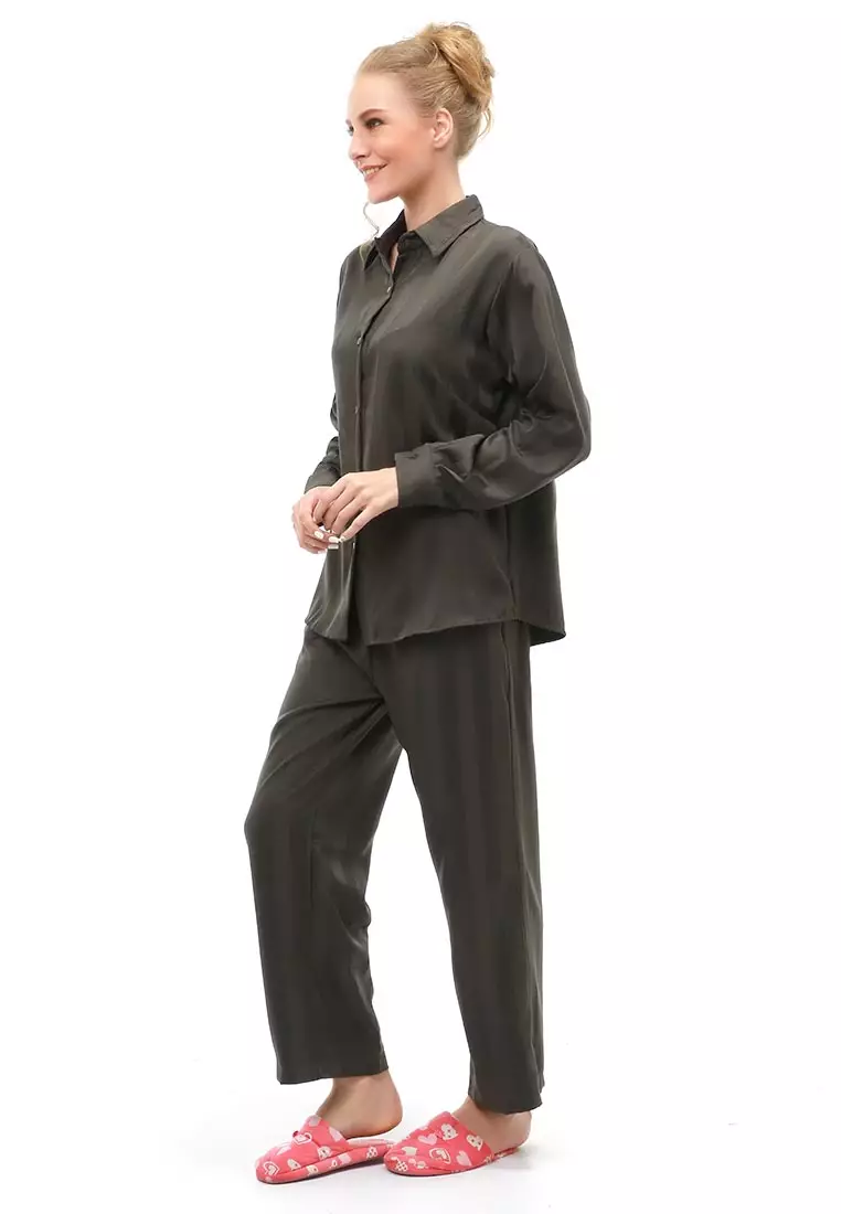 Vance Pajamas Salur Setelan Baju Tidur Wanita Lengan Panjang Material Cotton Silky ORIGINAL - Green