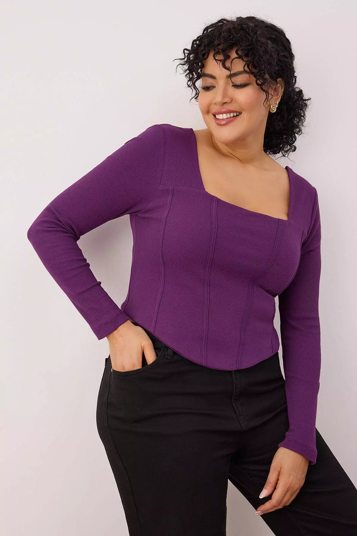 Purple Twill Piping Detailed Knitted Oversize Blouse Tbbaw23Af00118