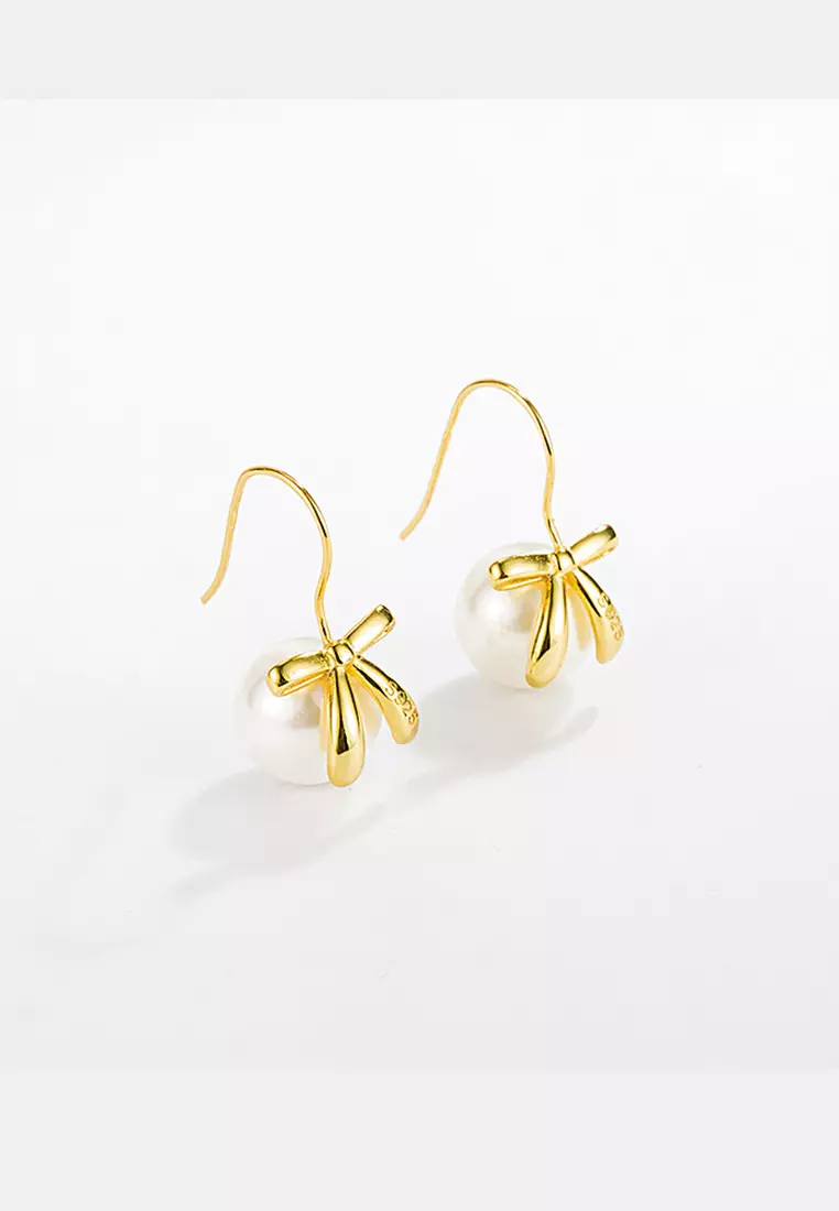 925 Silver Plated Gold Freshwater Pearl Ribbon Earrings JW HG-791