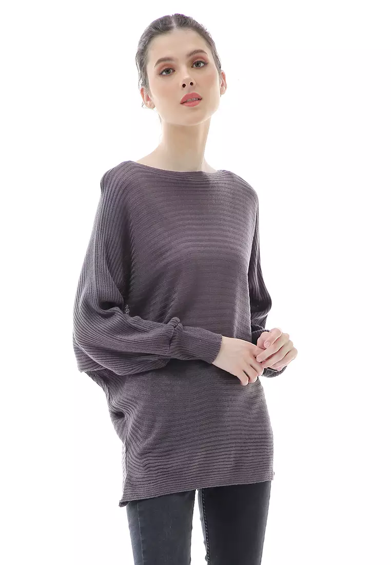 Eveline Sweater Rajut Batwing Atasan Wanita Motif Polos High Quality - Abu Tua