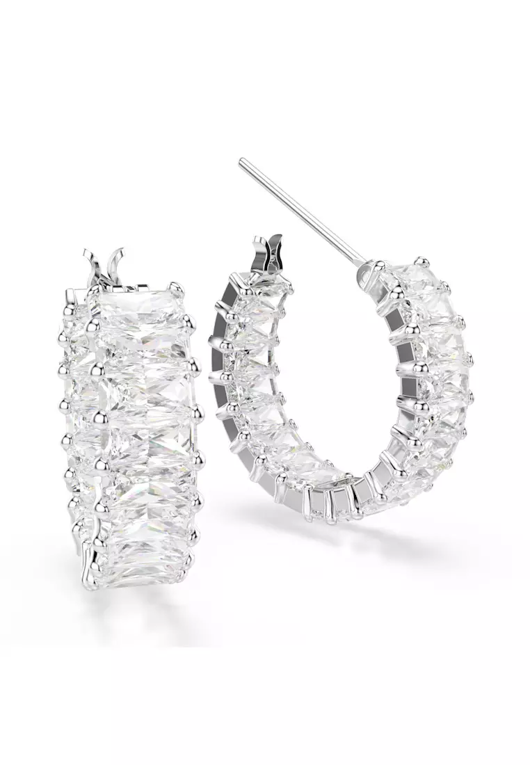 Matrix hoop earrings, Baguette cut, White, Rhodium plated