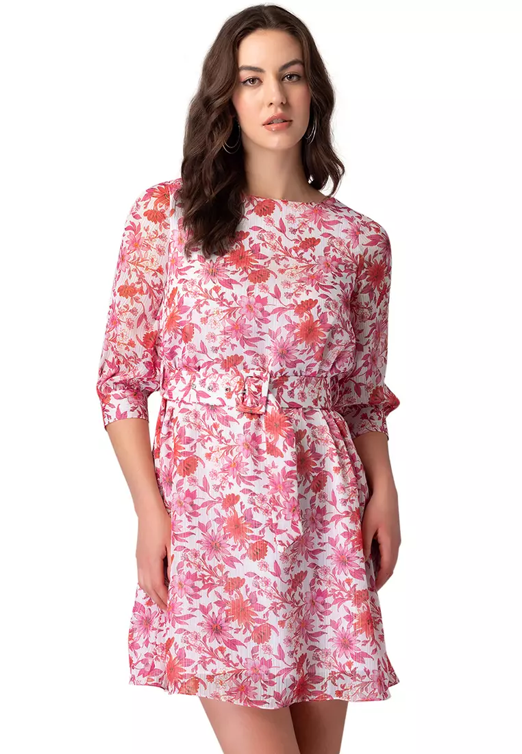 White Floral Print Shift Dress With Buckle Belt