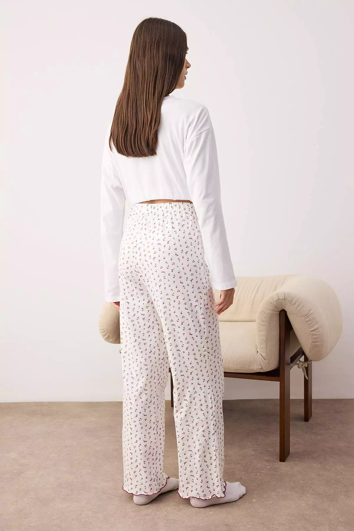 Navy Blue-White 2-Pack Floral Cotton Lycra Jersey Knitted Pajama Bottoms