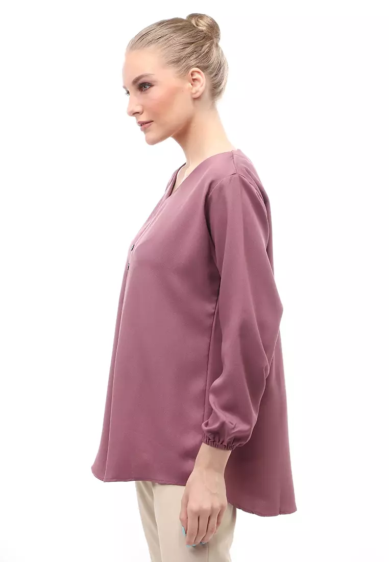 Mitzi Blouse Wanita Kerah V-neck Motif Solid Aksen Kancing Design Casual - Taro