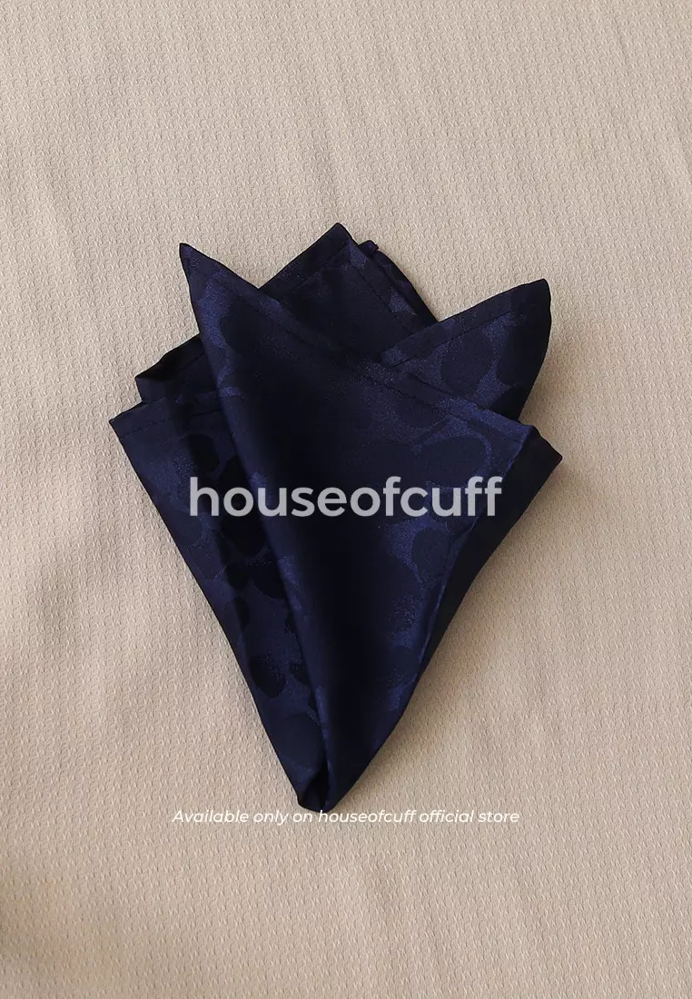Houseofcuff dasi kupu pria bowtie pocket square jacquard navy motif