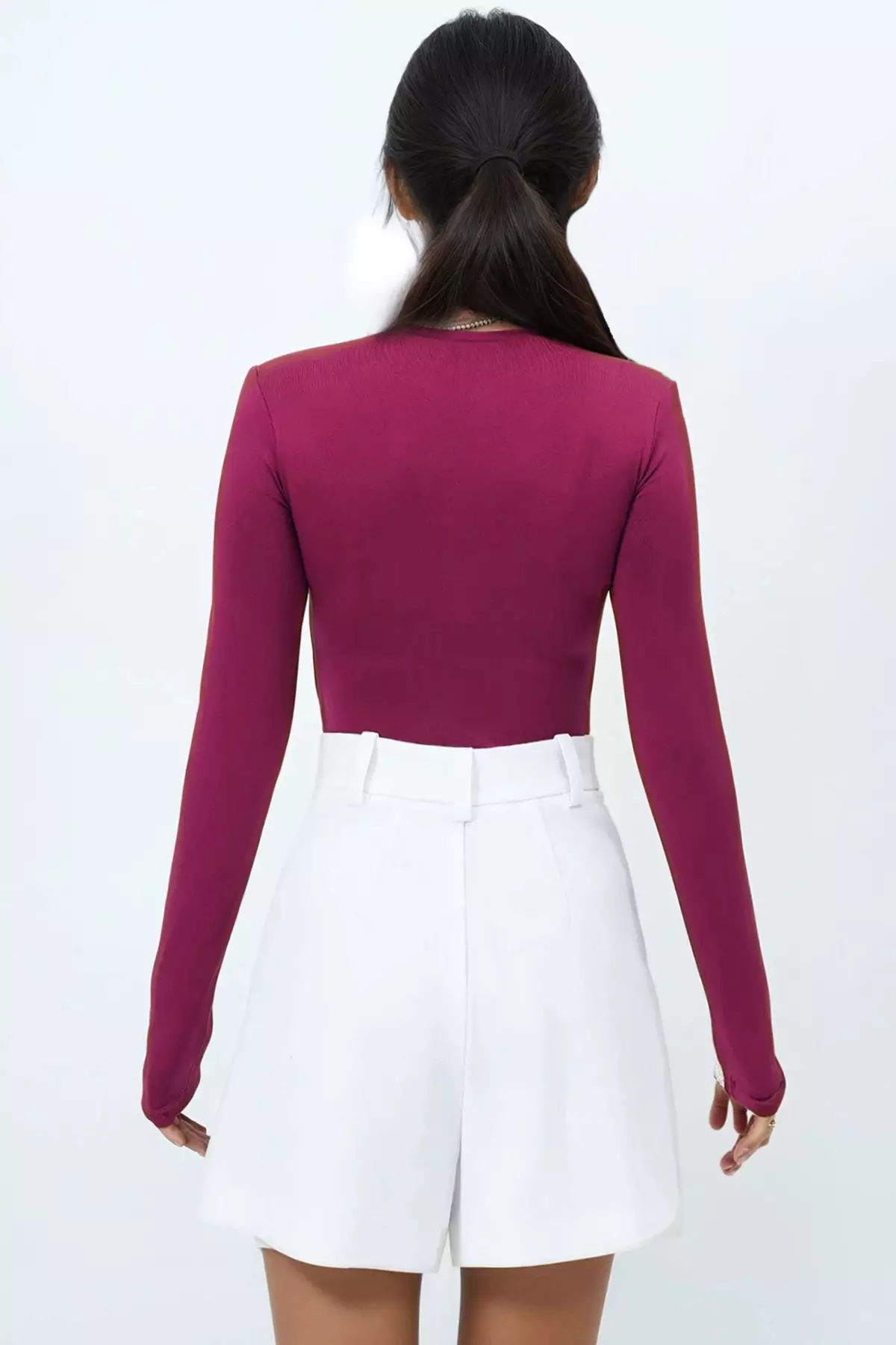 Women's Burgundy Crew Neck Overalls With Snap Buttons On The Bottom Blouse Alc-X14388