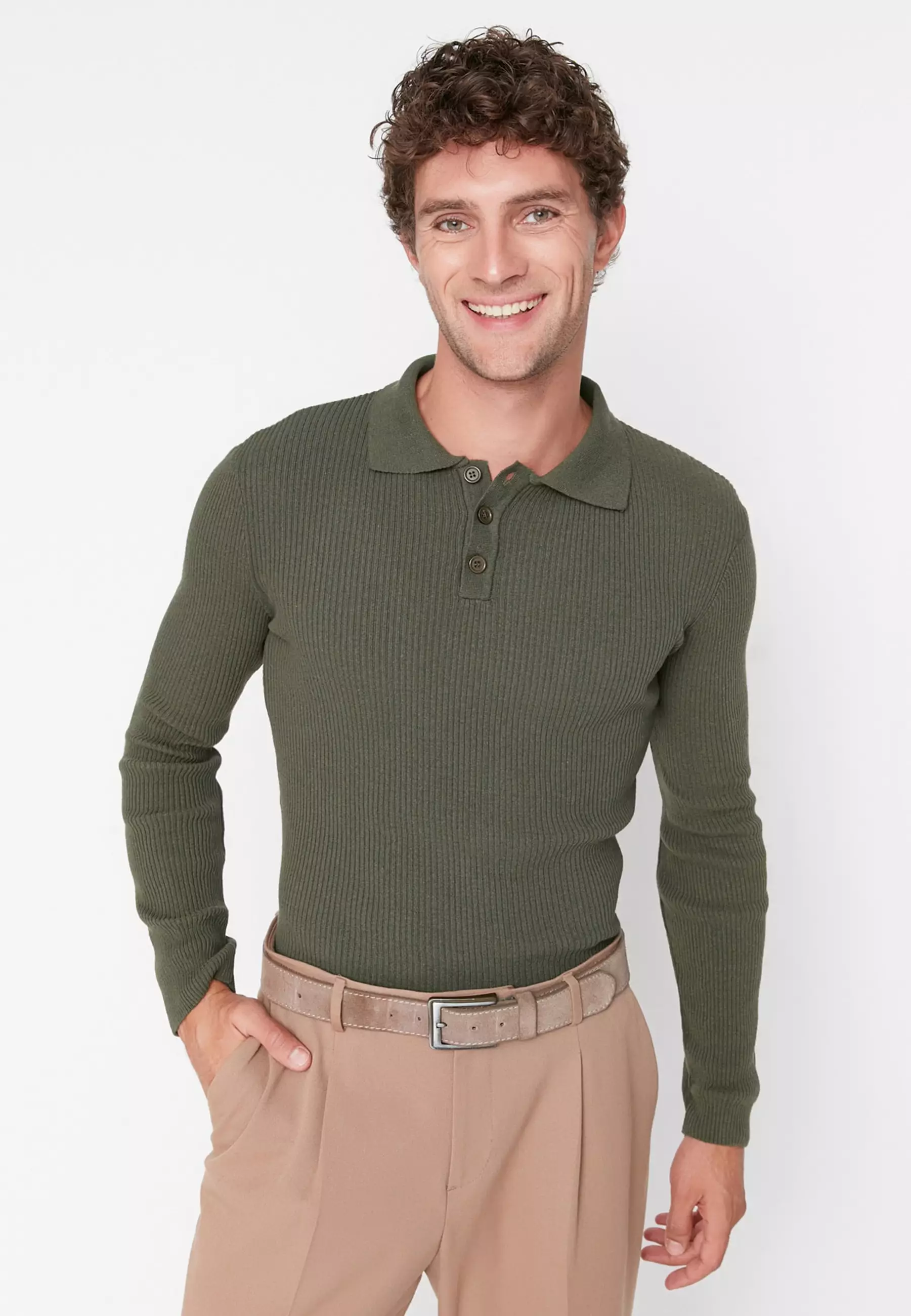 Buy Olive Green Regular Knitted Long Sleeve Polo Shirt from Next