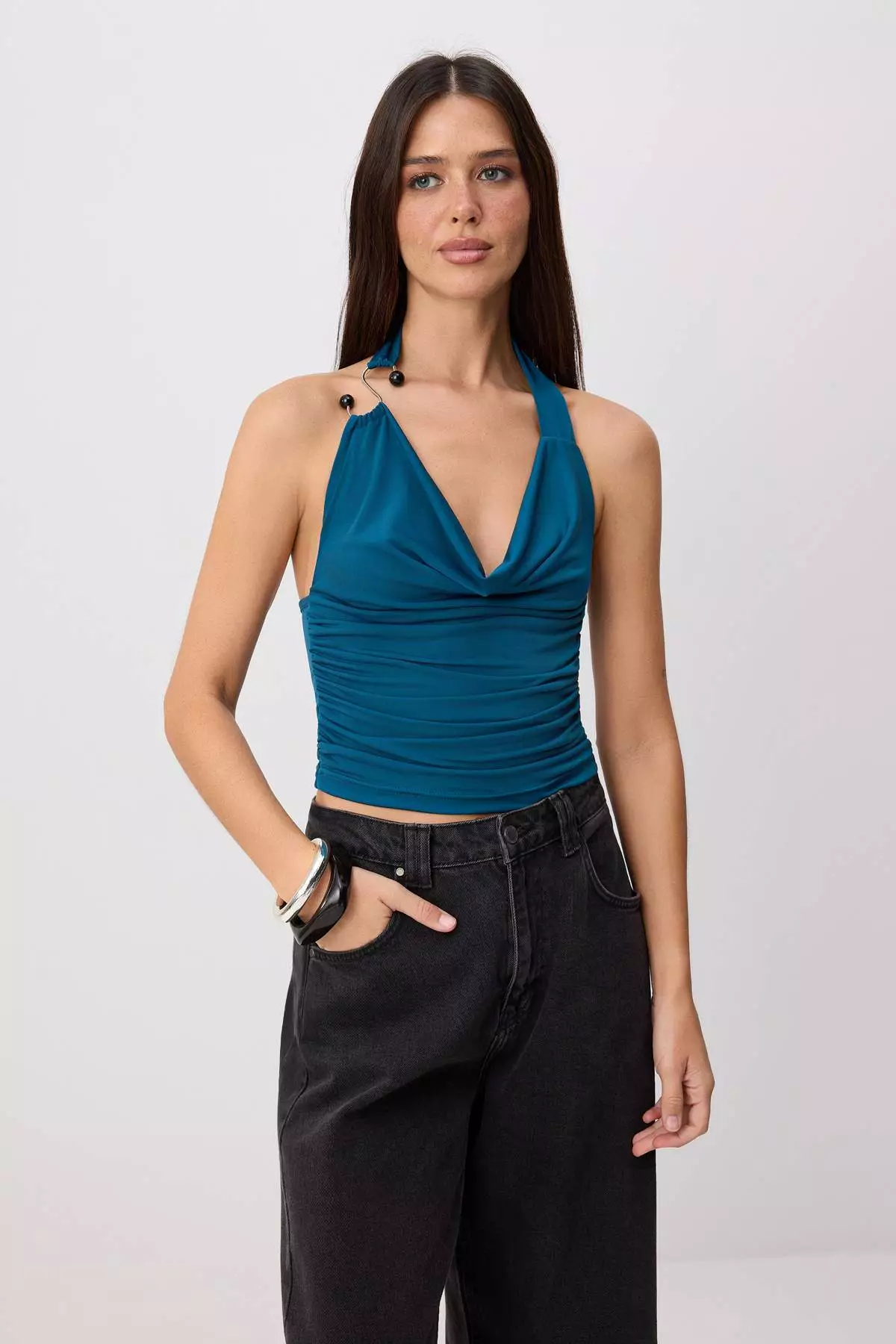 Petrol Regular/Normal Molded Neckline Tie-Detail Sleeveless Stretchy Knitted Blouse Twoss26Bz00521