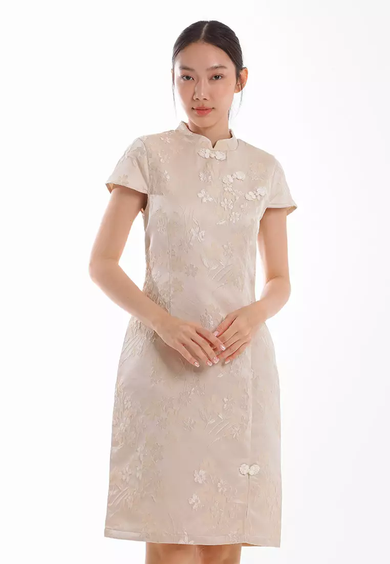 Forest Ladies CNY Cheongsam Jacquard Short Sleeve Dress - 885141-15Beige