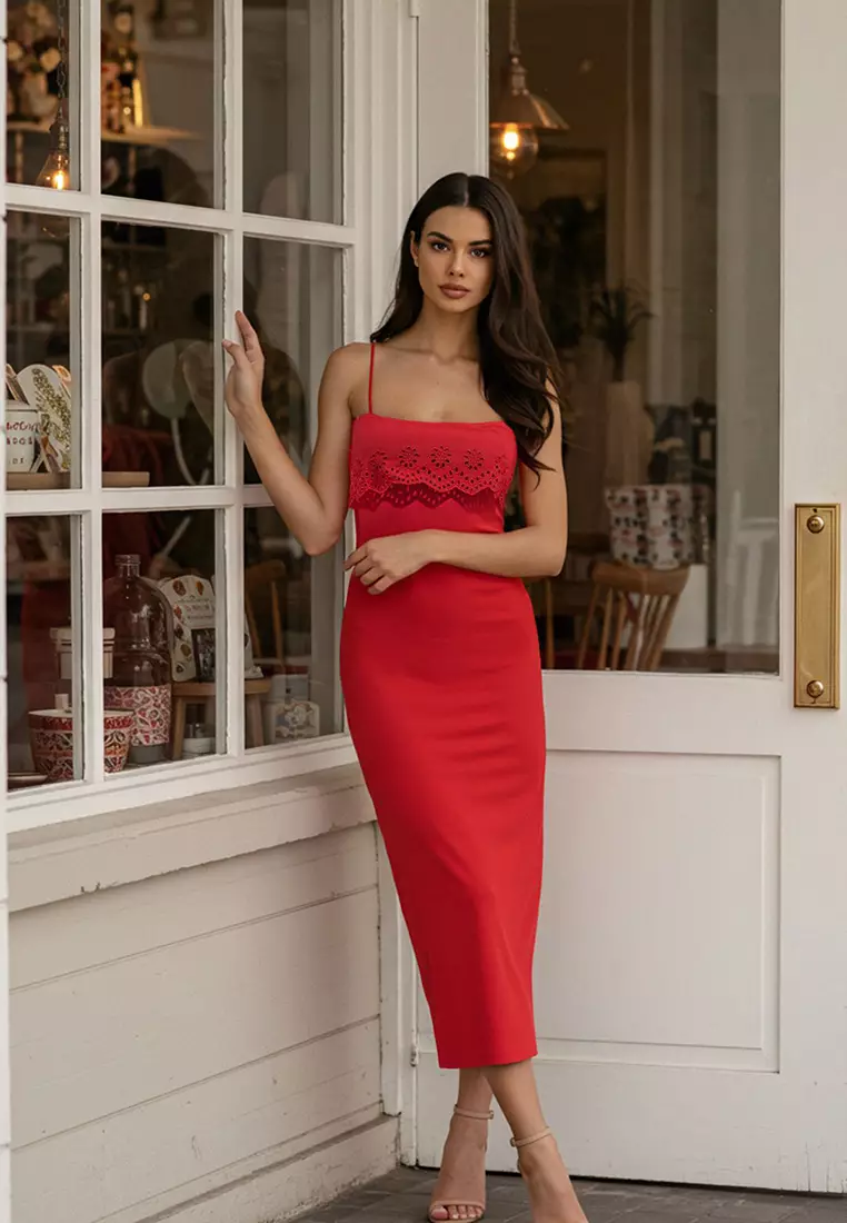 Red Embroidered Detailed Bodycone/Fits The Body Midi Knit Dress Twoss25El00356