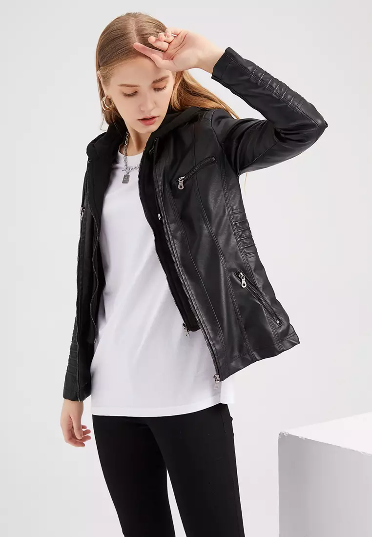 Detachable Knitted Hooded Faux Leather Jacket‌‌ AD-6699