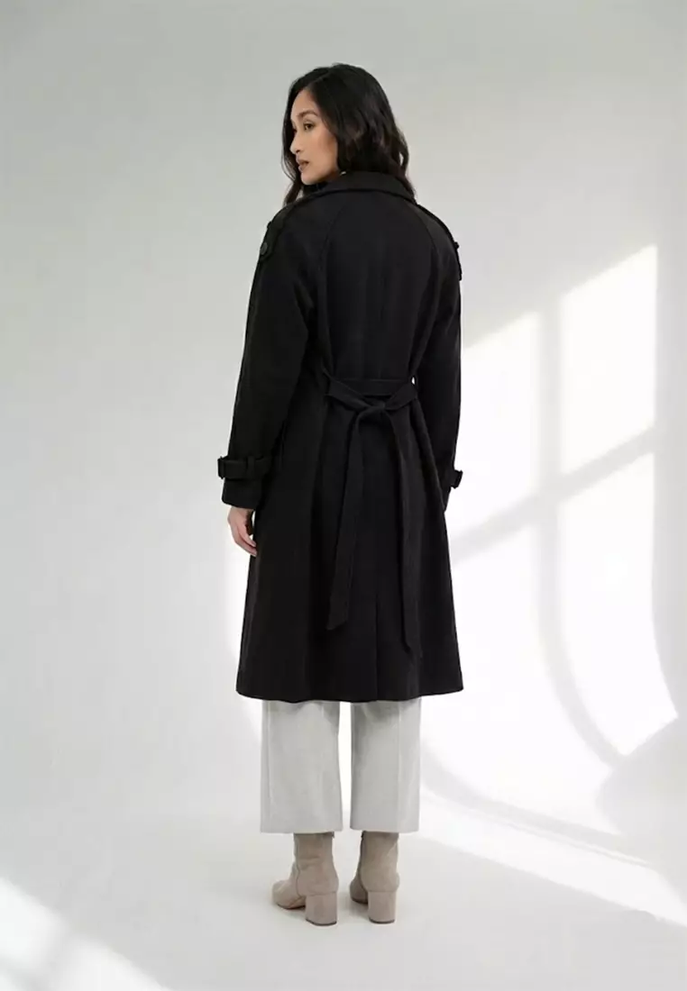 Double Breasted Wool Blend Belted Trench Coat