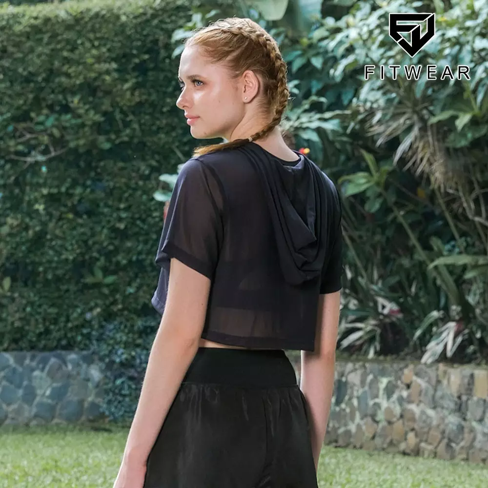 Fitwear - Croptop Jaring / Mesh / Sheer Olahraga RACHEL HOODIE SS - BLACK