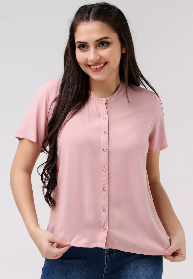 Woven Plain Rayon Short Sleeves Blouse