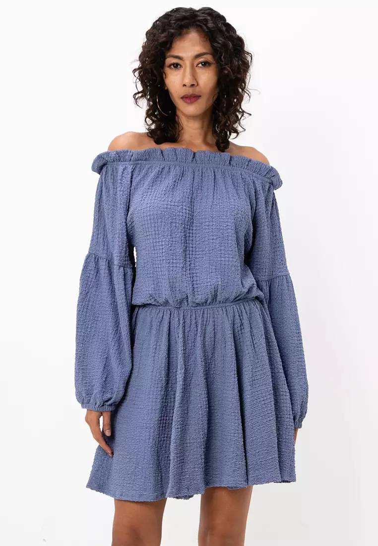 Boohoo Denim Bardot Mini Dress Long Sleeve Bardot Mini Dress Boohoo ME