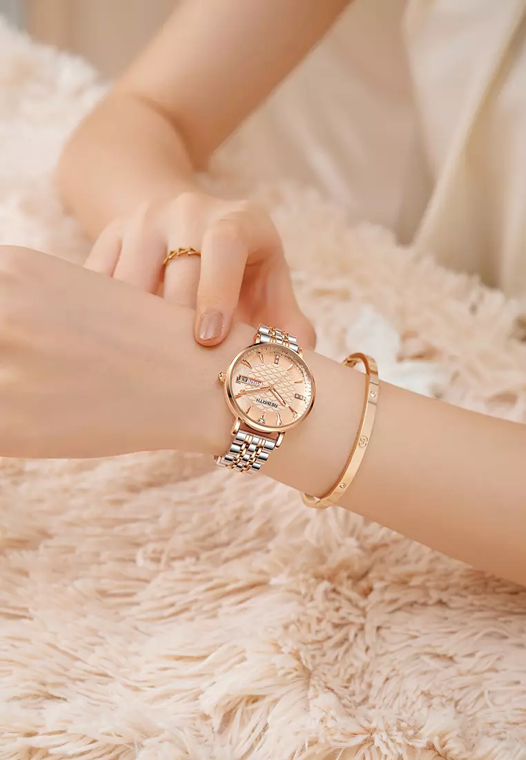 Jam Tangan Wanita Original Anti Air Tali Stainless Steel Jam Kuarsa Santai Mewah Jam Tangan Cewek rosepink