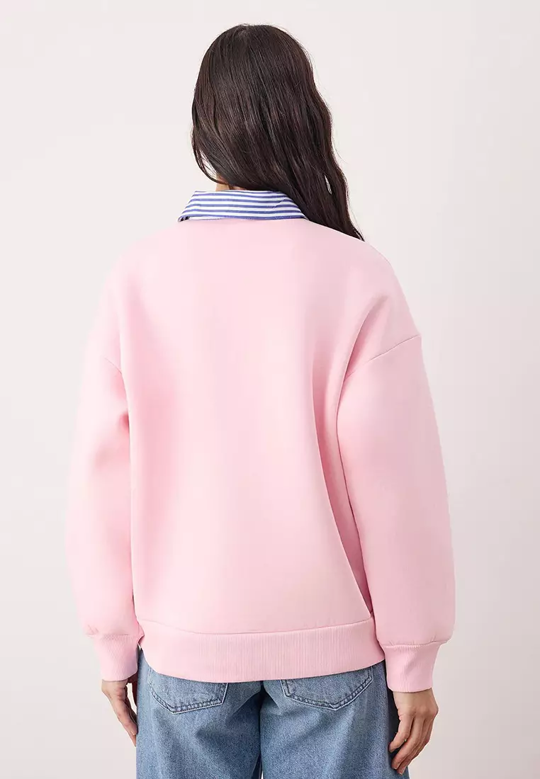 Pink Woven Garni Detailed Oversize Fit Polo Neck Thick Fleece Knitted Sweatshirt Twoaw26Sw116