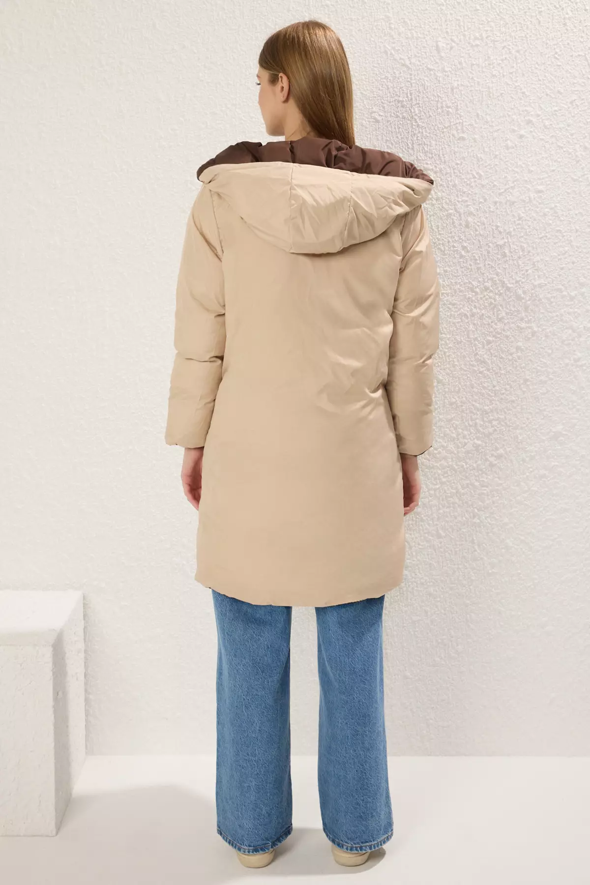 Dark Brown Ecru Double Sided Regular Fit Hooded Water Repellent Long Down Coat