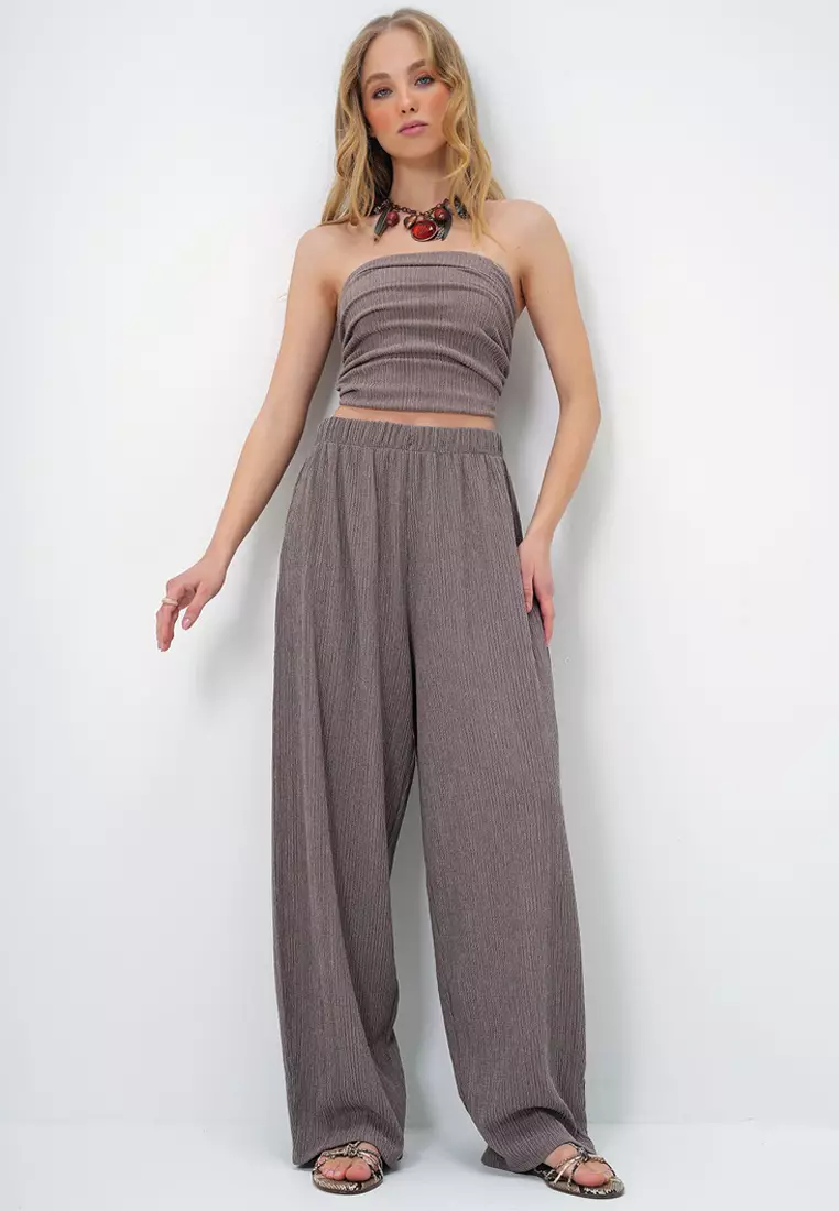 Bandeau Crop Top & Wide Leg Pants Set