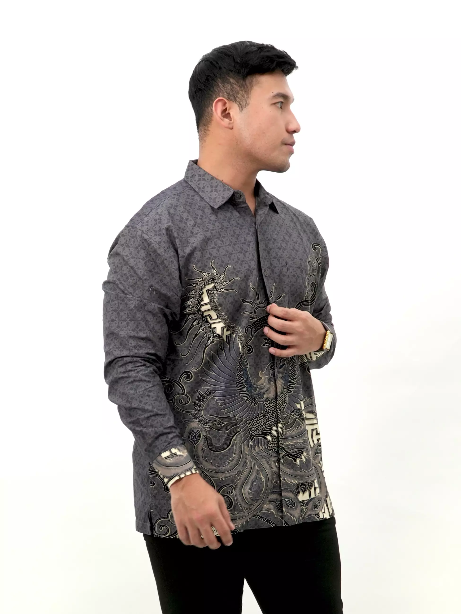 Kemeja Batik Lengan Panjang Abu Motif Burung 16807