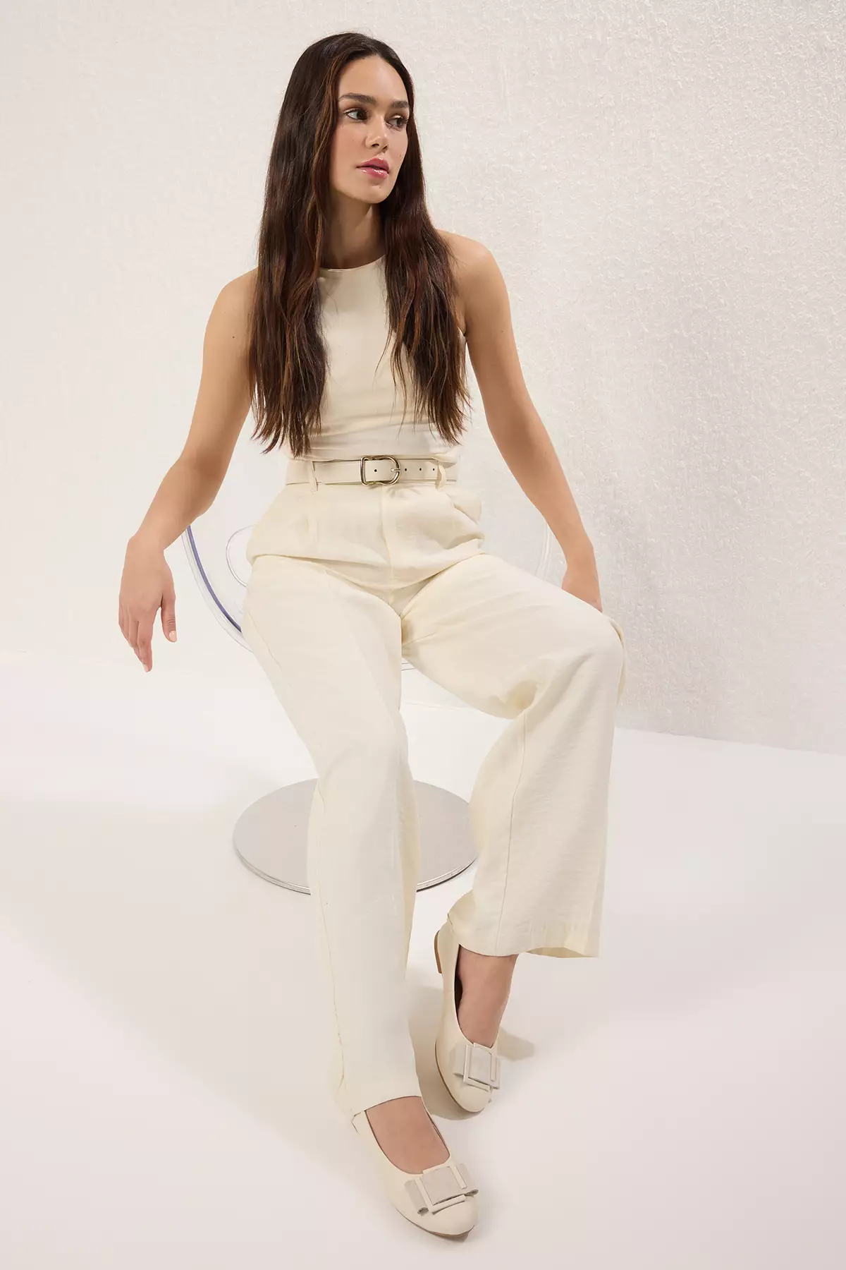 Beige Genuine Leather Buckle Detail Almond Toe Women's Ballerina Flats Takss25Be00032