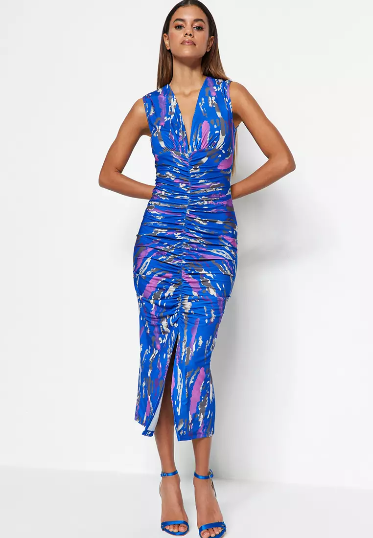 Printed Knitted Midi Dress with Shirring