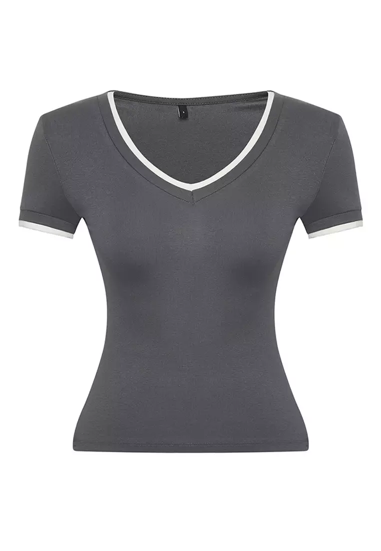 Anthracite Color Block Fitted Stretch Knit Blouse