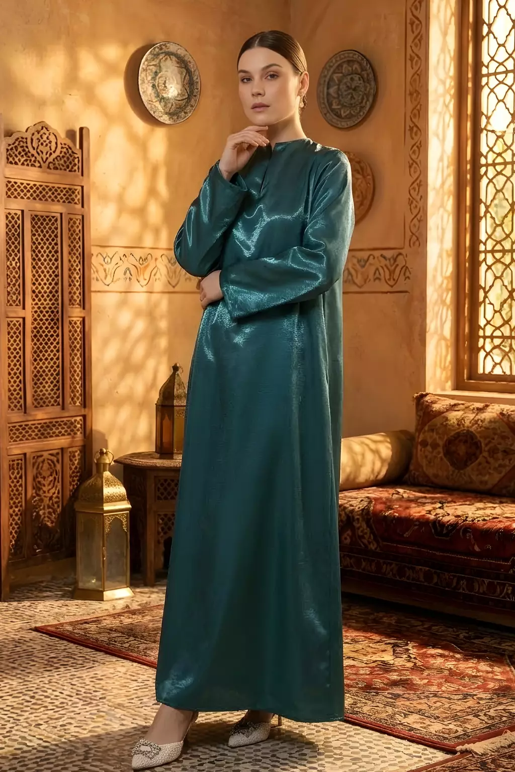 Demure Signature - KAFTAN IN SHIMMER JADE GREEN - MIKADO PREMIUM FABRICS - FESTIVE