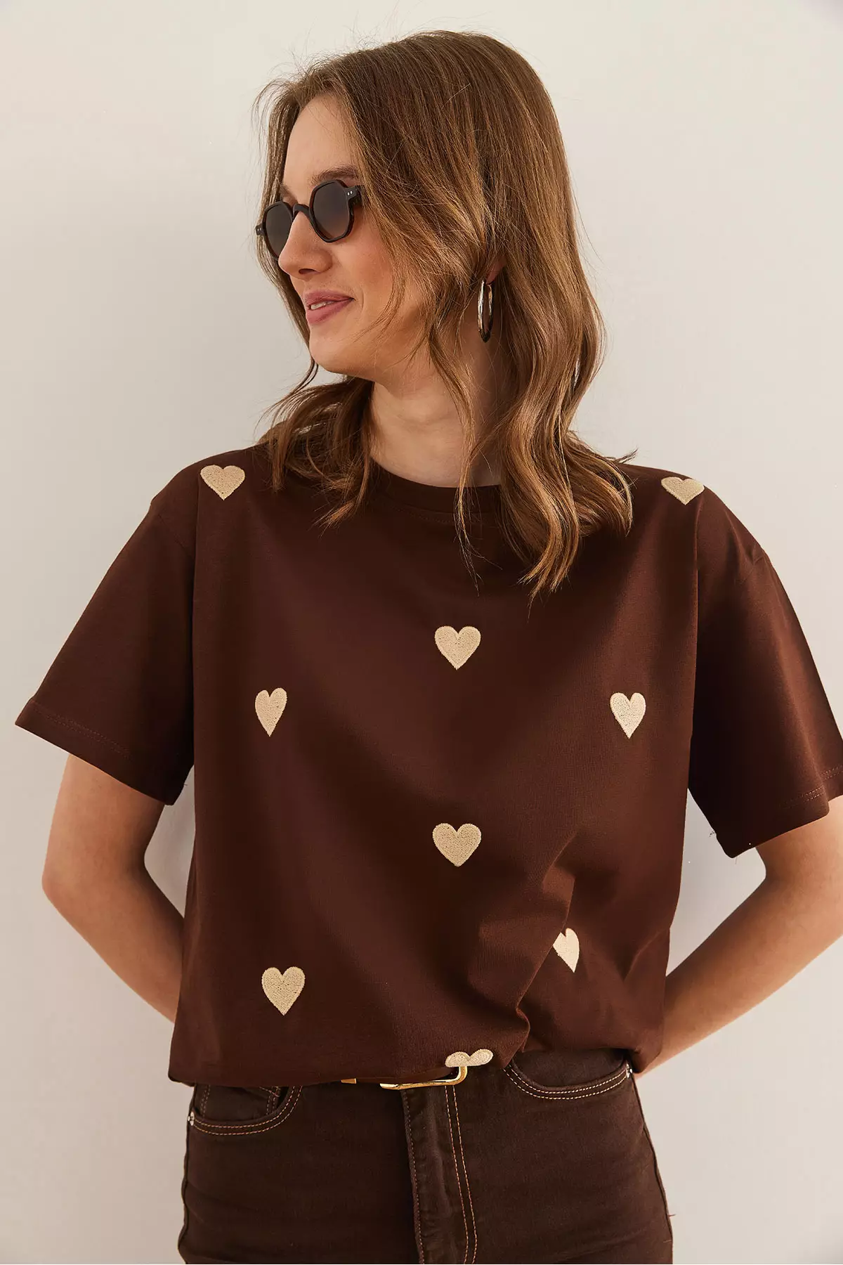 Women's Brown Heart Embroidered Cotton Regular Fit T-Shirt Tsh- 19000864