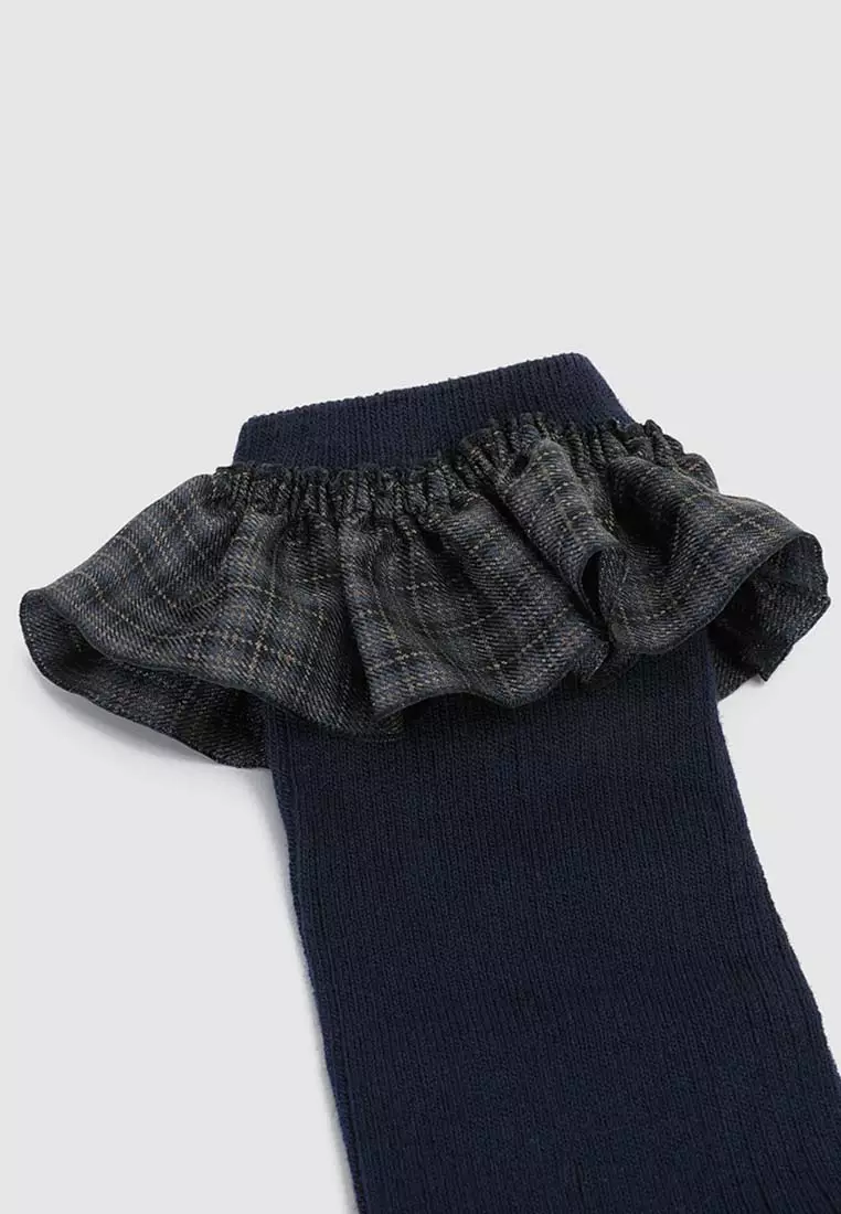 Plaid Ruffle Cuff Textured Knit Cotton Sock
