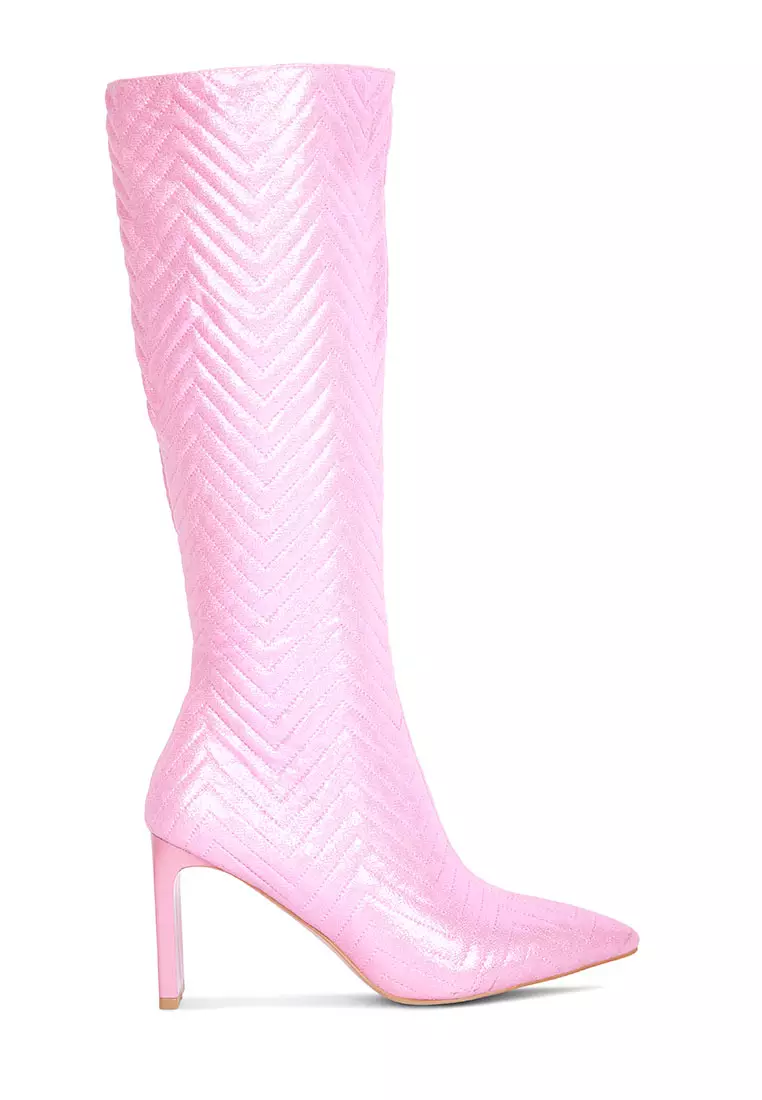 Pink Quilted Italian High Block Heeled Calf Boots