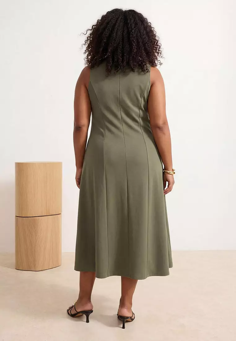 Dark Khaki 100% Cotton Open-Waist Crew Neck Midi Knitted Midi Plus Size Dress Tbbss26Ah00157