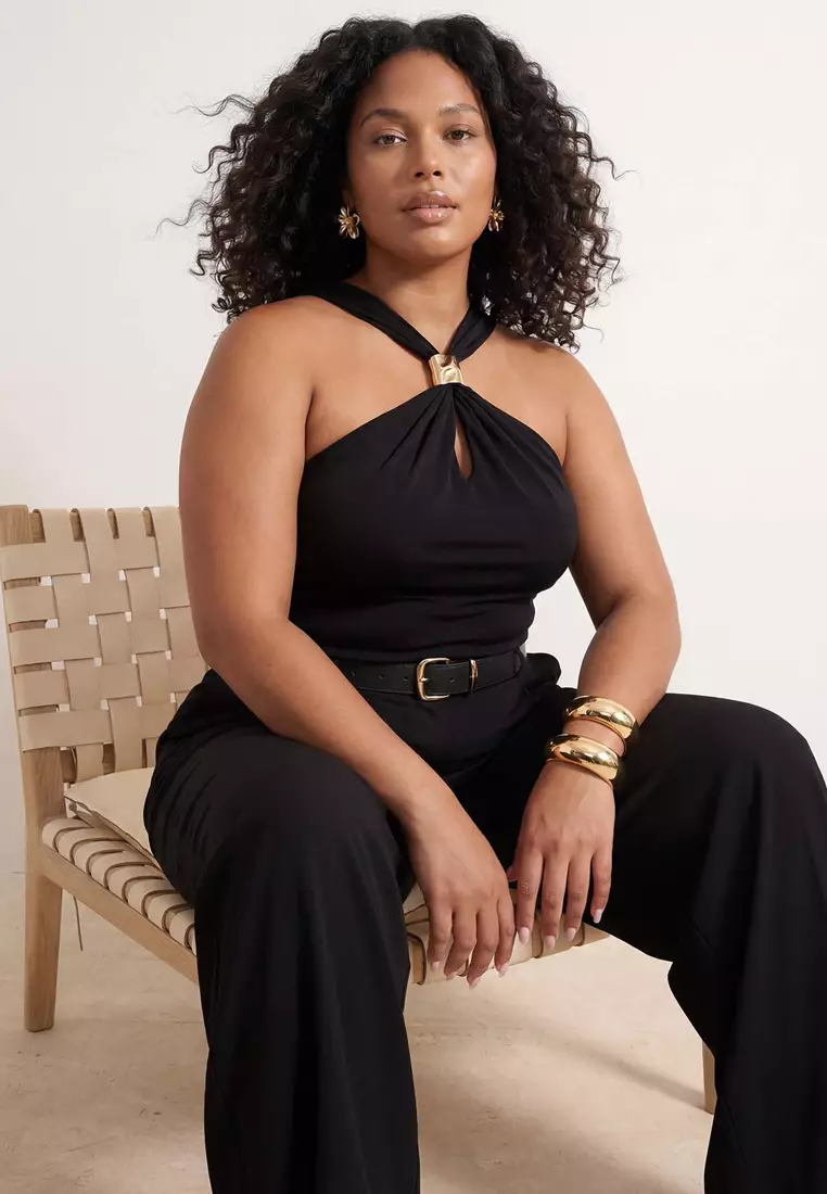Black Accessory Detailed Gathered Knitted Plus Size Blouse Tbbss26Af00072
