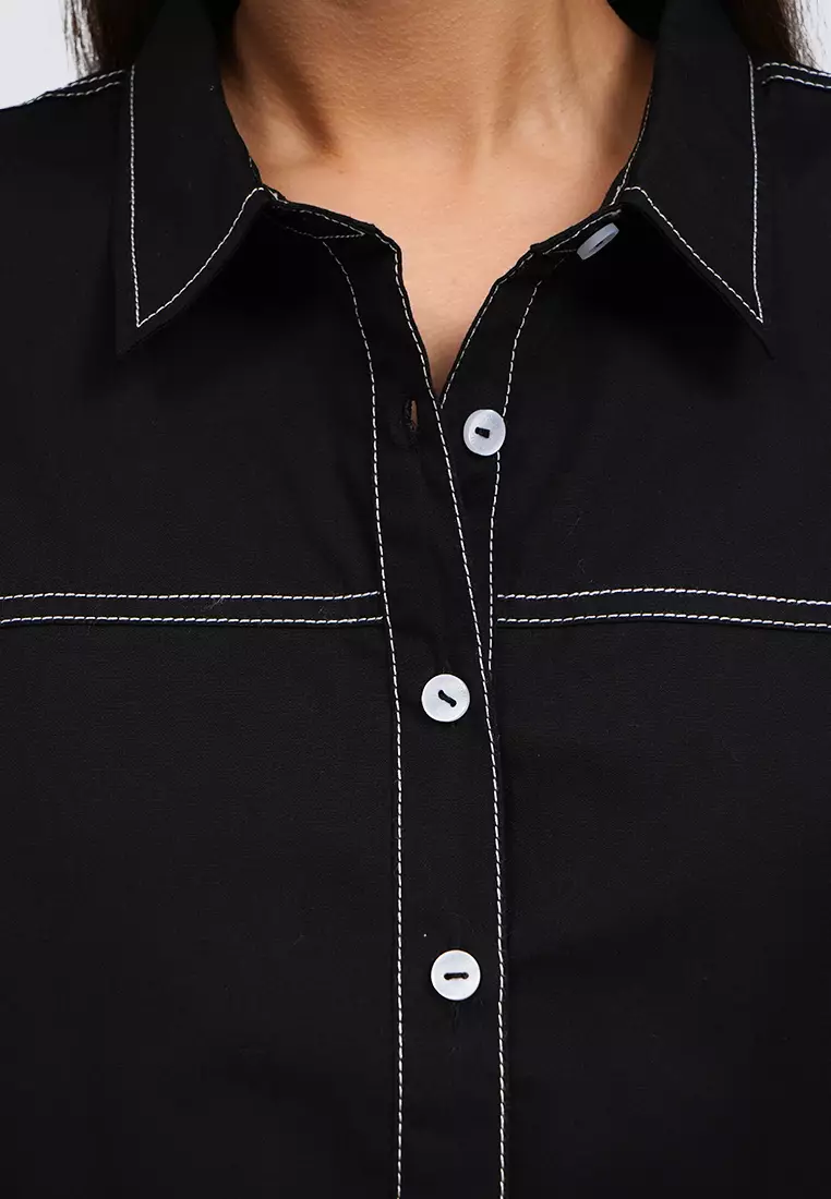 Contrast Stitch Long Sleeve Blouse BLACK