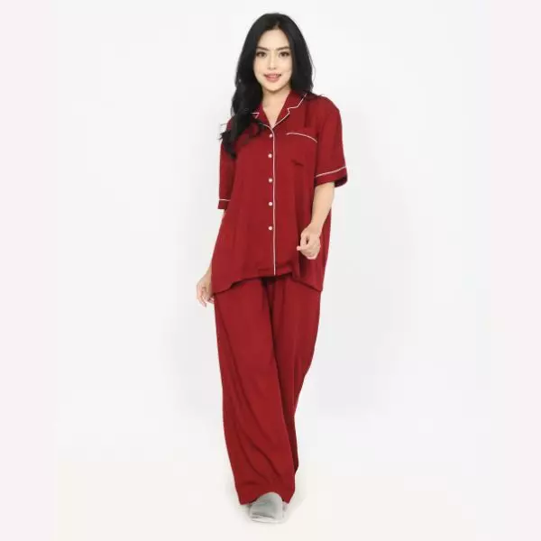 S/S COUPLE PIYAMA COTTON TENCEL Setelan Baju Tidur Pria Wanita MERAH