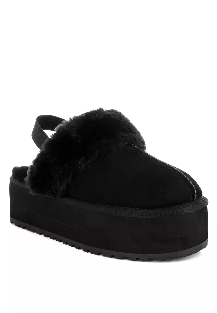 Faux Fur Trim Platform Classic Slingback in Black