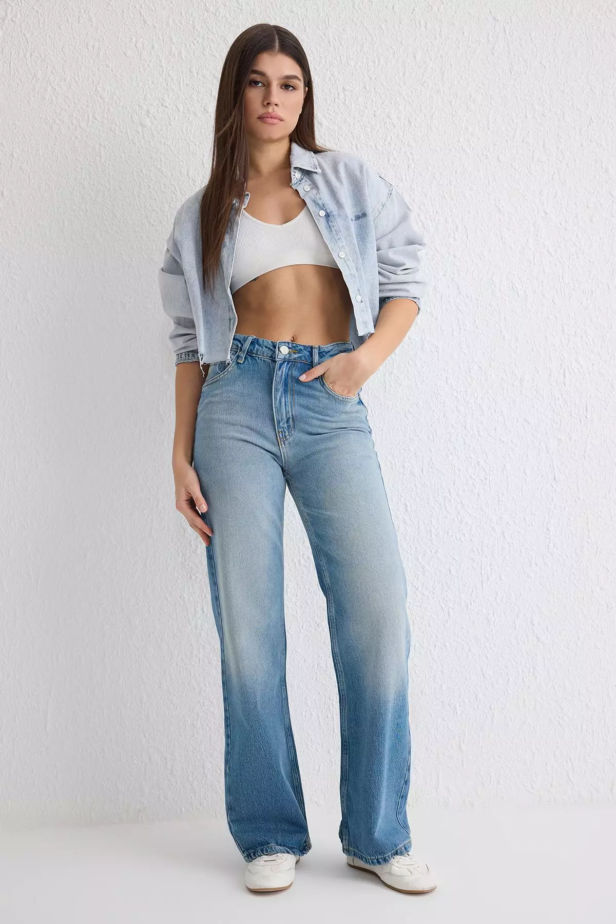 Blue Plain Wide Leg High Waist Denim Jeans