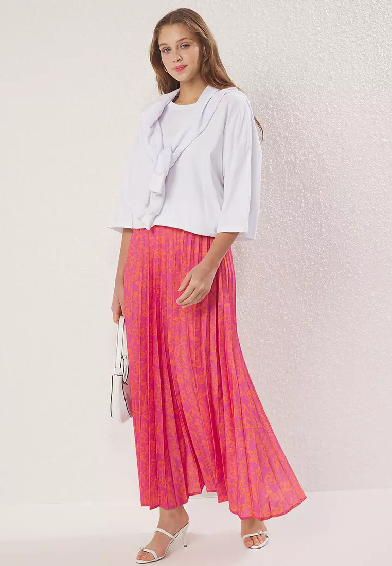 Pink Floral Pattern Pleated Waist Elastic Woven Skirt TCTSS23EE00018
