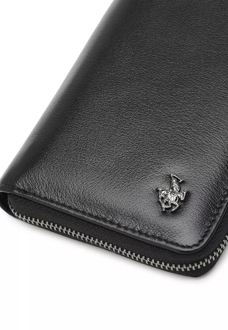Men's Genuine Leather Zipper Long Wallet - Black