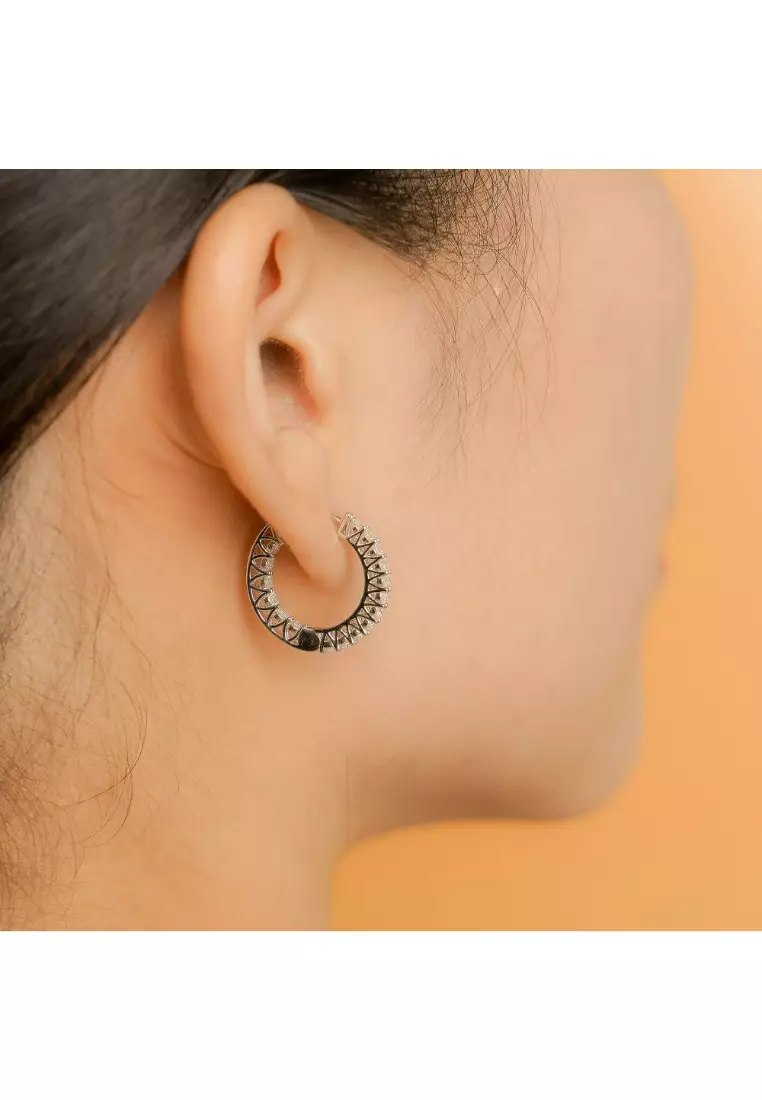 Made For The Night Flat Sun Cubic Zirconia Rhodium Hoop Earrings with 925 Sterling Silver