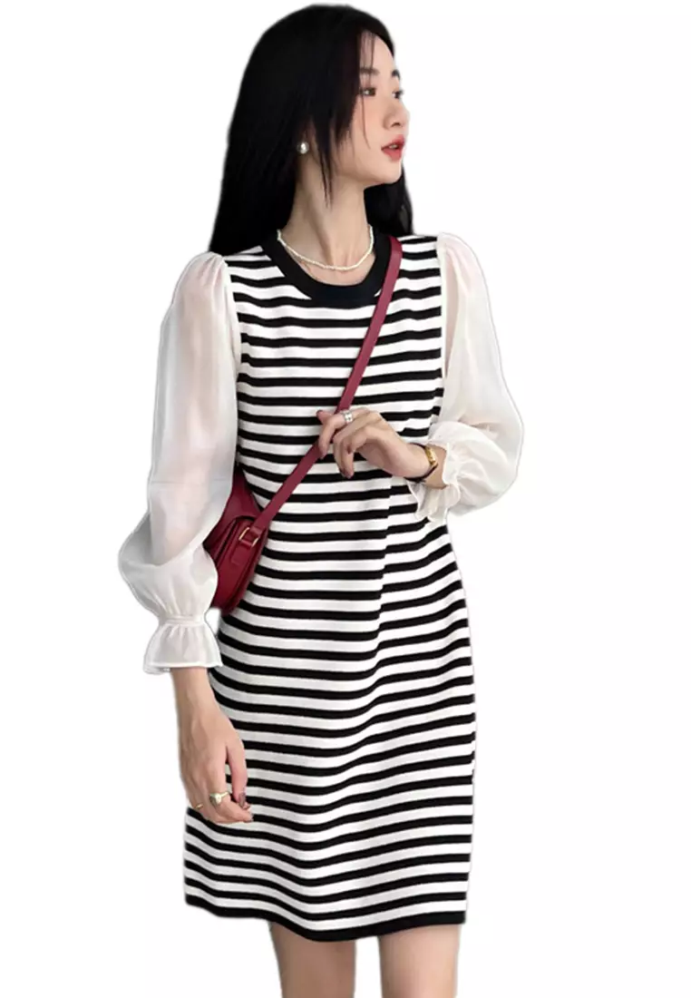 Buy Sunnydaysweety New Casual Striped Knit Loose One-Piece Dress